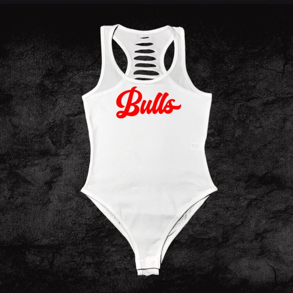 White Red Handmade Chicago Bodysuit, Comfort CHI-Town Shirts for women